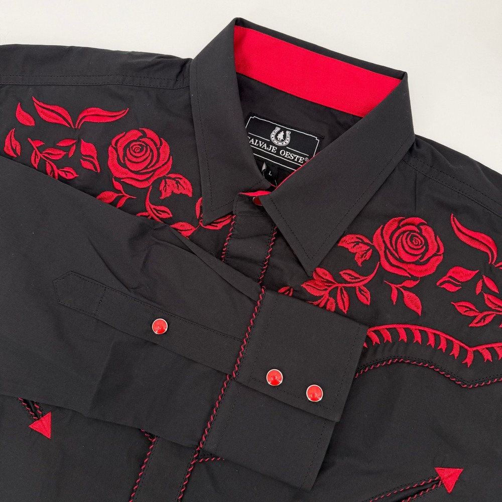 Salvaje Oeste Mens Western Snap Shirt Black Red Rose Embroidered Floral Large